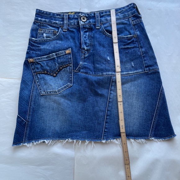 Replay Denim Blue Jean Raw Hem Fringe Studded Casual A-line Midi Skirt 26 - Picture 2 of 10